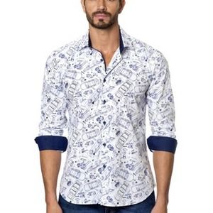 Jared Lang Shirt Mens 2X XXL Blue White Car Print C-06 Button Up Contrast Cuffs